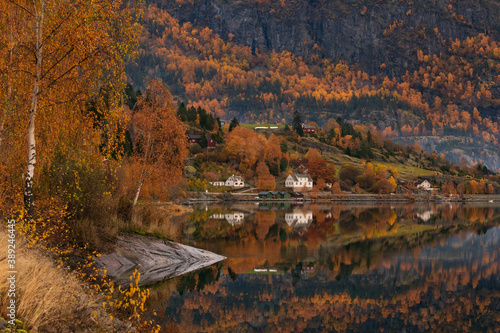 gorgeous fjord view with mirror effect in beautiful autumn colors, Sognefjord, Norway