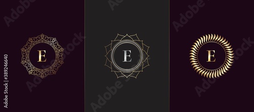 Golden Emblem Letter E Luxury Decoration Initial Logo Icon, Elegance Set Gold Ornate Emblem Deco Vector Design