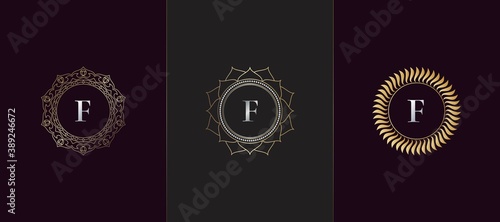 Golden Emblem Letter F Luxury Decoration Initial Logo Icon, Elegance Set Gold Ornate Emblem Deco Vector Design