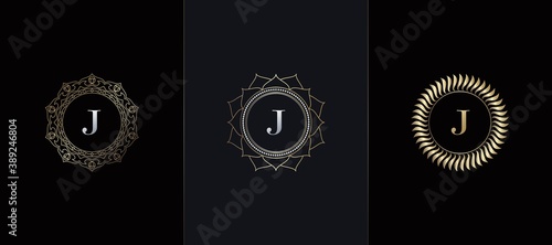 Golden Emblem Letter J Luxury Decoration Initial Logo Icon, Elegance Set Gold Ornate Emblem Deco Vector Design