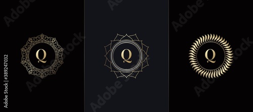 Golden Emblem Letter Q Luxury Decoration Initial Logo Icon, Elegance Set Gold Ornate Emblem Deco Vector Design