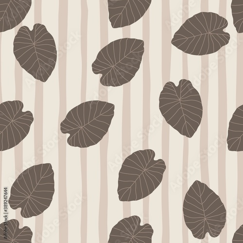 Random seamless floral pattern with hand drawn brown leaves. Striped pastel light background.