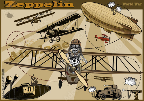 Vintage world war biplanes and Zeppelin. World War I