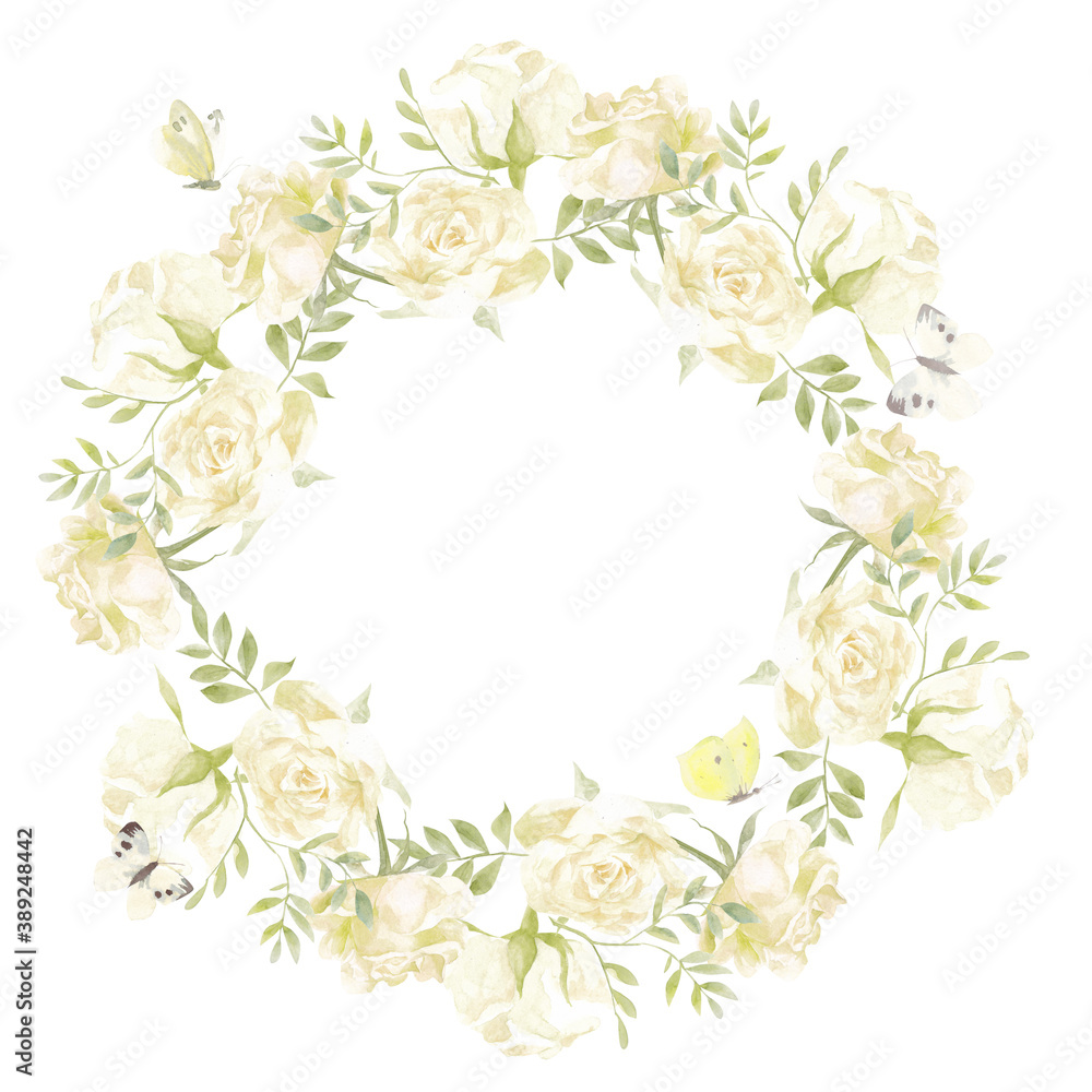 watercolor frame. White roses and butterflies on a white background. Good for design of invitations, greeting cards.