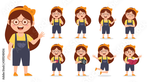kid child expression vector illustration set bundle. Girl character in different positions illustration