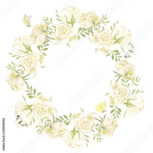 watercolor frame. White roses and butterflies on a white background. Good for design of invitations, greeting cards.