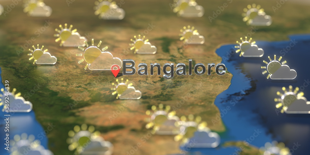 Partly cloudy weather icons near Bangalore city on the map, weather