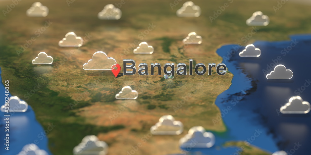 Cloudy weather icons near Bangalore city on the map, weather forecast related 3D rendering Cloudy weather icons near Bangalore city on the map, weather forecast related 3D rendering