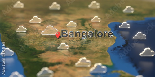 Cloudy weather icons near Bangalore city on the map, weather forecast related 3D rendering