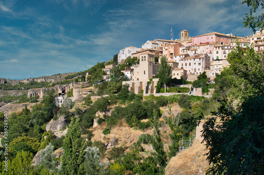 View of the upper city of Cuenca, Castilla la Mancha, with its houses on the side of a hill