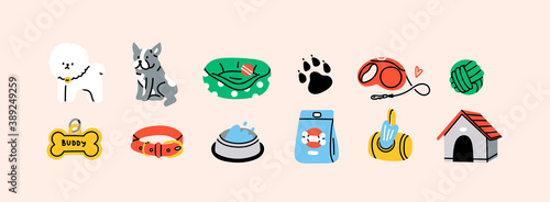 Various Dog Supplies and Equipment. Food, toys, home, collar, leash, tag, bone. Pet shop or store concept. Hand drawn colorful icons. Trendy Vector illustration. All elements are isolated
