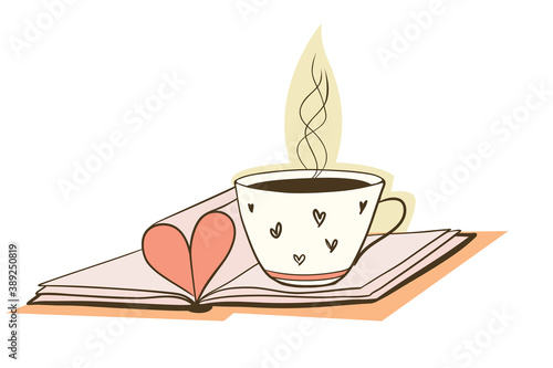 Cup of tea on a book with a heart made of pages