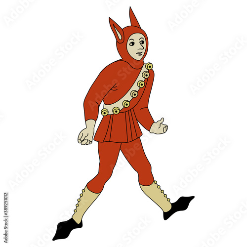 Funny medieval man in jester carnival costume.