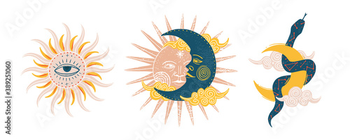 Supernatural magic collection of magical elements. Witch's things, vintage retro engraving style, vector graphics