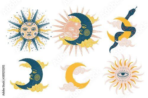 Supernatural magic collection of magical elements. Witch's things, vintage retro engraving style, vector graphics