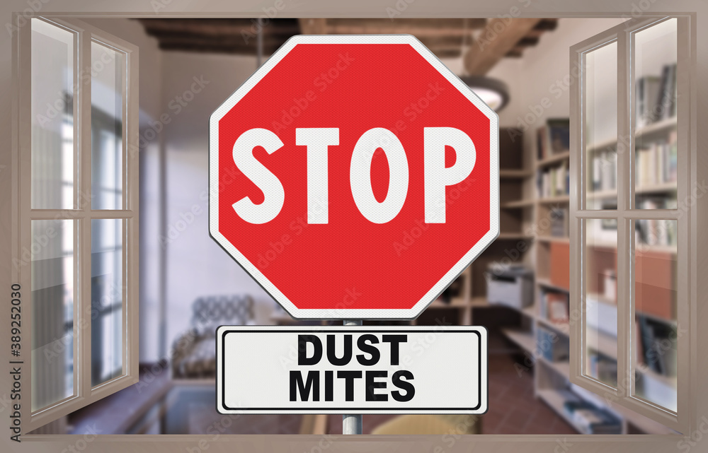 Stop indoor dust mites - concept image with road sign seen through an open window
