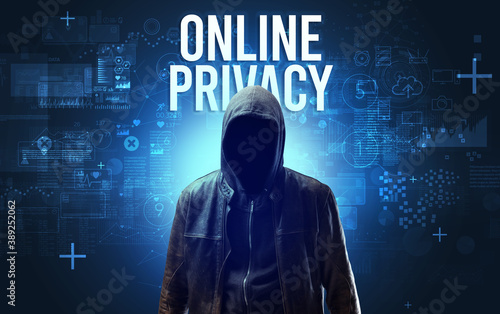 Faceless man with ONLINE PRIVACY inscription, online security concept
