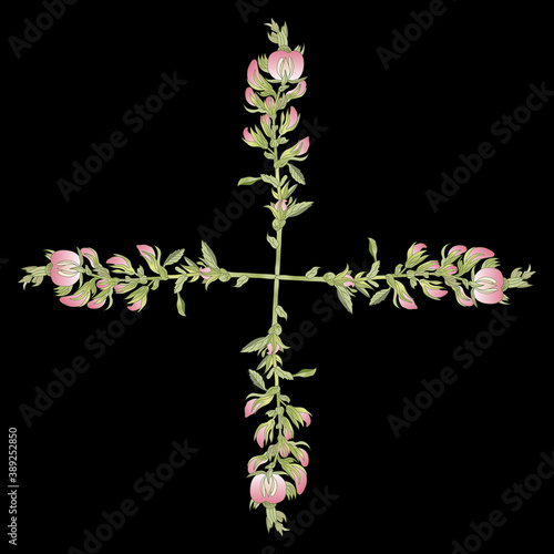 Cross made of four blooming branches of Ononis Hircina flower. Square floral decor.