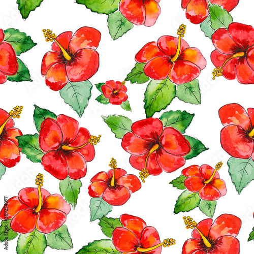 Watercolor seamless tropical pattern of exotic hibiscus flowers, tropical leaves