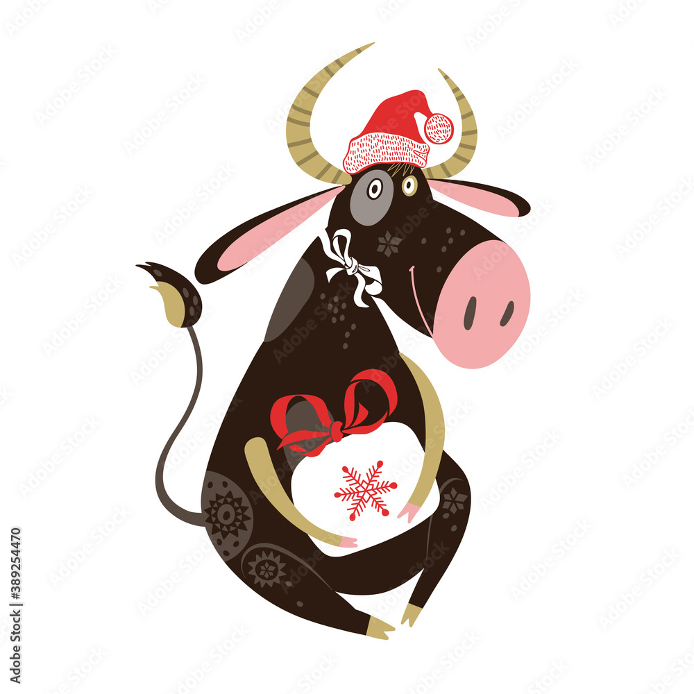 Naklejka premium Cute bull in a Santa hat. Vector cartoon illustration, isolated element for design on a white background. Animal symbol of 2021.