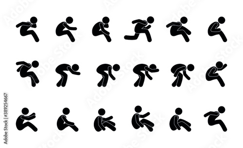 set of pictograms, stick figure people in strange different poses, isolated human silhouettes, icon man