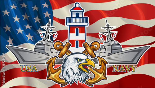 American Redoubtable  Eagle with USA flags. US Navy Anchor