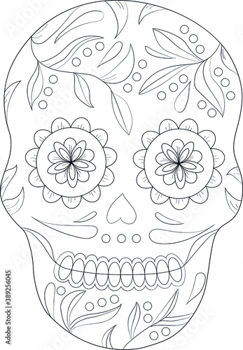 Mexican skull line art. Day of the dead vector illustration.