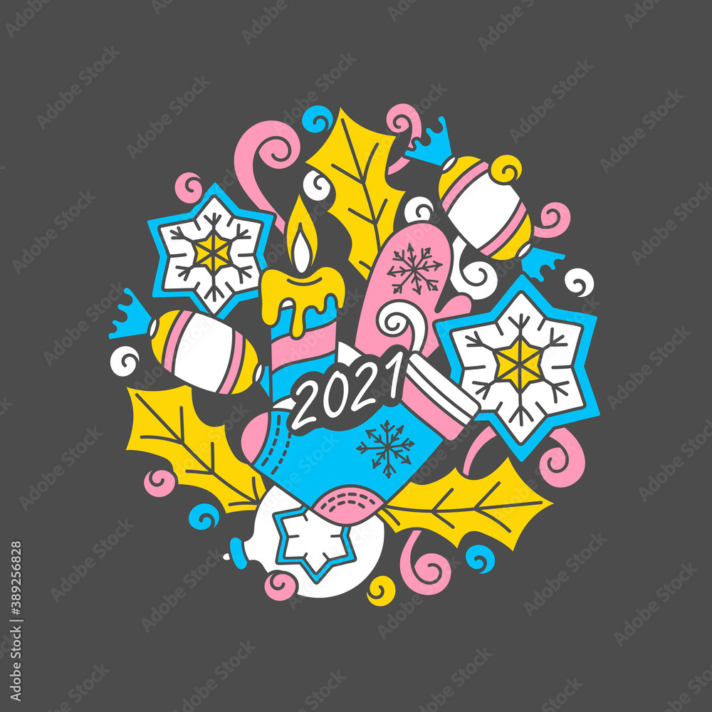 2021, New year doodles composition. Hand-drawn round illustration