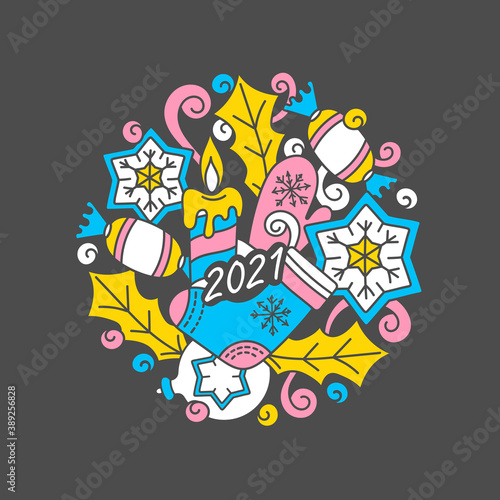 2021, New year doodles composition. Hand-drawn round illustration