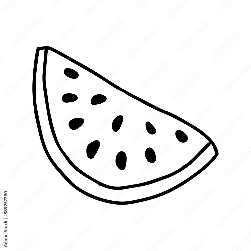 Vector outline illustration of one slice fresh watermelon with black seeds isolated on a white background