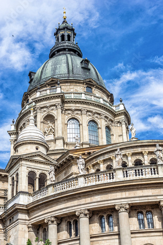 BUDAPEST, HUNGARY - JULY 15, 2019: St. Stephen's Basilica, exterior. Religious artwork and statues.