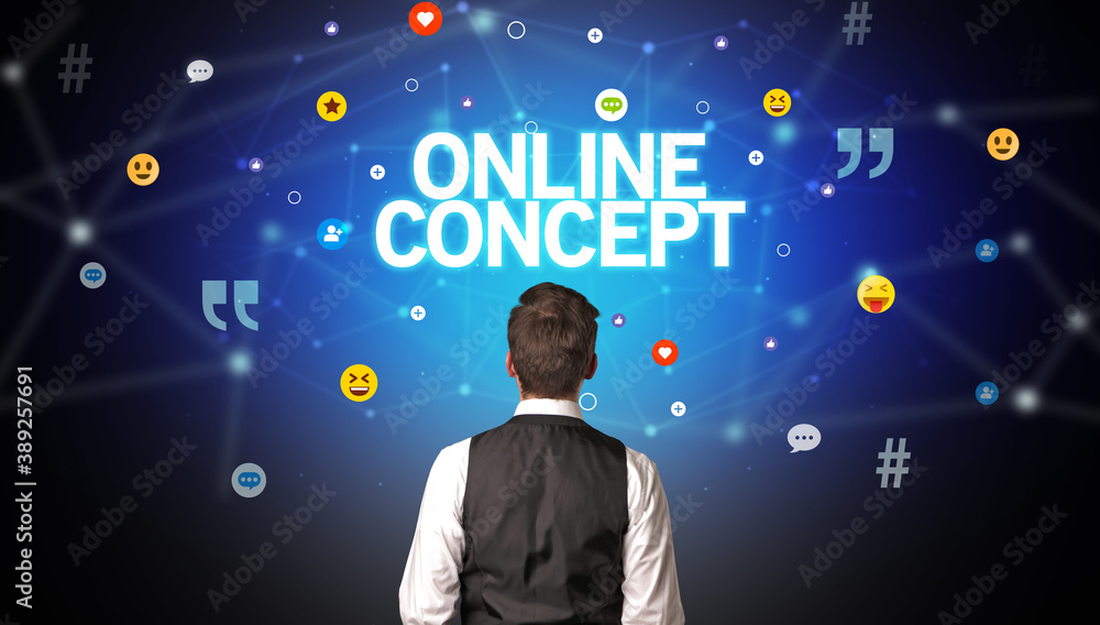Rear view of a businessman with ONLINE CONCEPT inscription, social networking concept Rear view of a businessman with ONLINE CONCEPT inscription, social networking concept