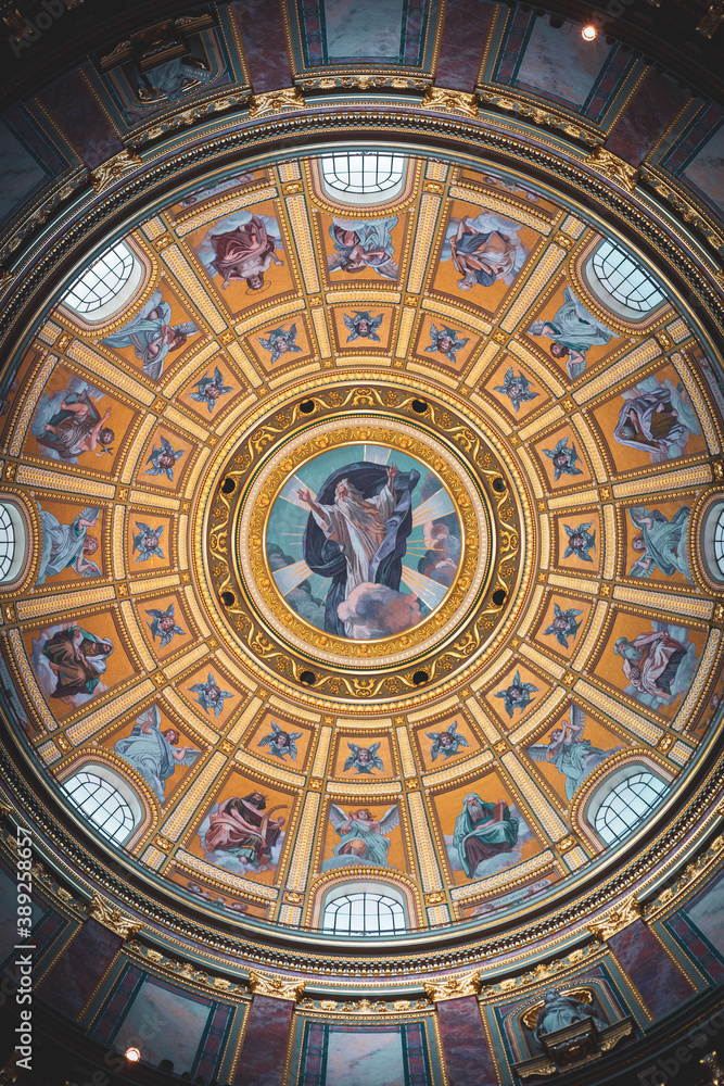 BUDAPEST, HUNGARY - JULY 15, 2019: St. Stephen's Basilica interior. Religious Artwork, Dome Of St. Istvan St. Stephen`s Basilica.