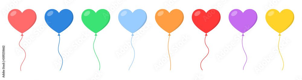 Set of heart air balloon in cartoon style. Colored ballons for Valentines Day, Party and Birthday. Hearts decoration isolated on white background. Flat vector design elements.