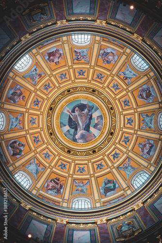 BUDAPEST, HUNGARY - JULY 15, 2019: St. Stephen's Basilica interior. Religious Artwork, Dome Of St. Istvan St. Stephen`s Basilica.