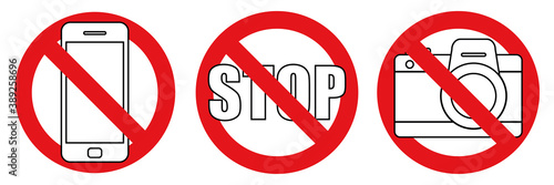 Prohibition No photo and phone vector sign. No phone, no camera. Red warning signs isolated on white background. Vector illustration.