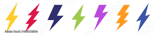 Set of different Lightning bolt vector icon. Energy and thunder symbol. Lightning strike collection colored vector icons isolated on white background. Vector illustration.