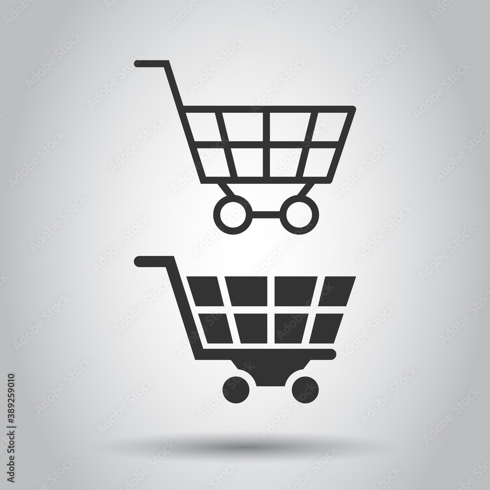 Shopping cart icon in flat style. Trolley vector illustration on white isolated background. Basket business concept. Shopping cart icon in flat style. Trolley vector illustration on white isolated background. Basket business concept.