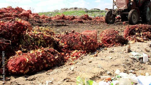 A tractor with a trailer moves through the city dump, in the foreground we see packages of onions.