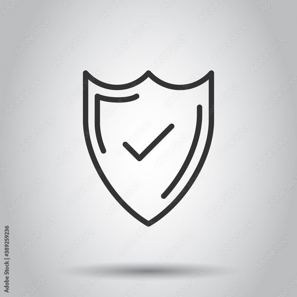 Shield with check mark icon in flat style. Protect vector illustration on white isolated background. Checkmark guard business concept. Shield with check mark icon in flat style. Protect vector illustration on white isolated background. Checkmark guard business concept.