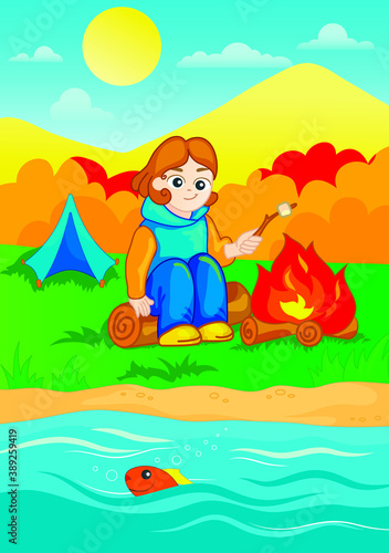girl roasts marshmallows on the river bank. autumn travel. fish peeks out of river, in the background of a broken tent 