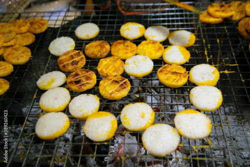 Grilled Sticky Rice with Egg that are sold in Thailand. photo