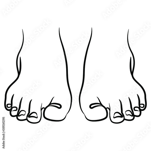 Front view of two bare human feet. Black and white linear silhouette. 