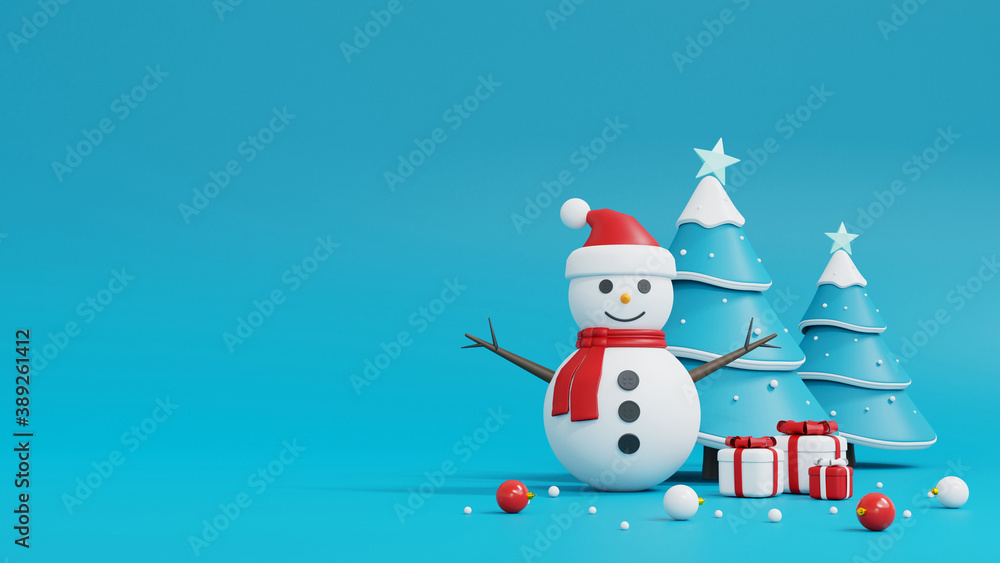 3d rendering of christmas tree, snowman and gift box on blue background.