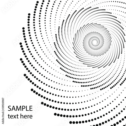 Black rotated halftone dotted stripes in spiral form. Trendy design element for logo, tattoo, sign, symbol, web, prints, posters, template, pattern and abstract background