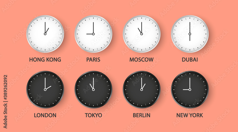 Set of black and white clock for time zones . Modern black, white and silhouette set of day and night clock for different cities. World Time Zones. Vector Illustration Set of black and white clock for time zones . Modern black, white and silhouette set of day and night clock for different cities. World Time Zones. Vector Illustration