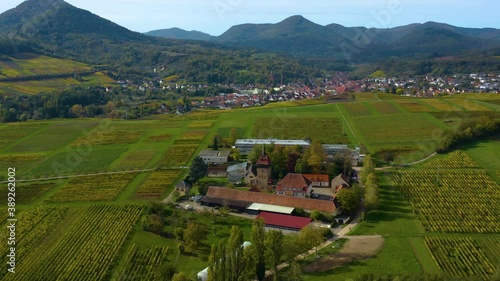 Aerial view of vineyards, houses around the village Burrweiler and Frankweiler in the Pfalz in Germany. On a sunny day in Autumn, fall. photo