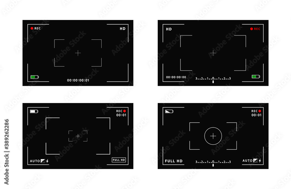 Set of VCR digital display interface camera viewfinder screens. Focusing screen in the center of the camera during recording. battery status, video quality, image stabilization icons Set of VCR digital display interface camera viewfinder screens. Focusing screen in the center of the camera during recording. battery status, video quality, image stabilization icons