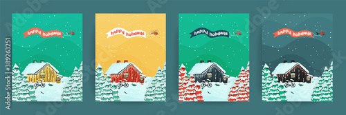Set of Happy holidays blue, yellow, pink, green cards with wooden scandinavian house with light inside, christmas trees, bike, snow and helicopter
