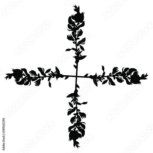 Cross made of four blooming branches of Ononis Hircina flower. Square floral decor. Black silhouette on white background.